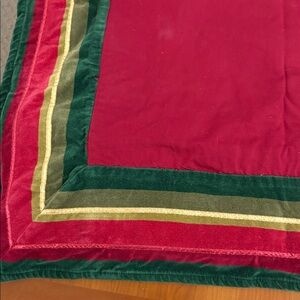 Beautiful Velvet Stripe Tablecloth. Red table cloth with green stripe.
